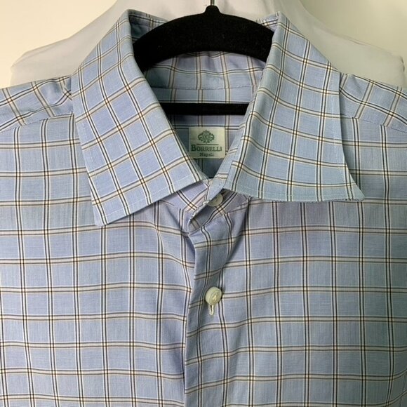 Borrelli Napoli Men's Blue Plaid Long Sleeve Button Down Shirt Size 15 1/2 - Picture 3 of 16